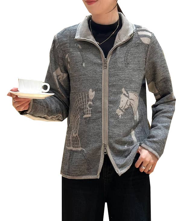 Tan / Gray Trotter Reversible Zipper Sweater: XL