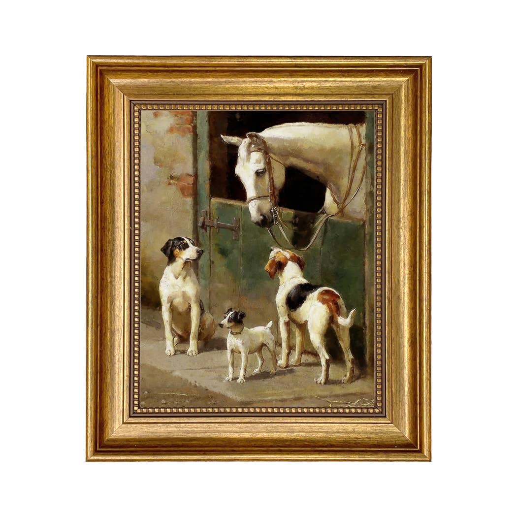 Dog and Horse at Stable Framed Painting Print on Canvas: Leather-look Black/Antiqued Gold / 5" x 6"