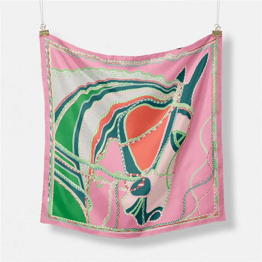 Equestrian Hunter Dressage Horse Print Satin Scarf 20”: Light Pink