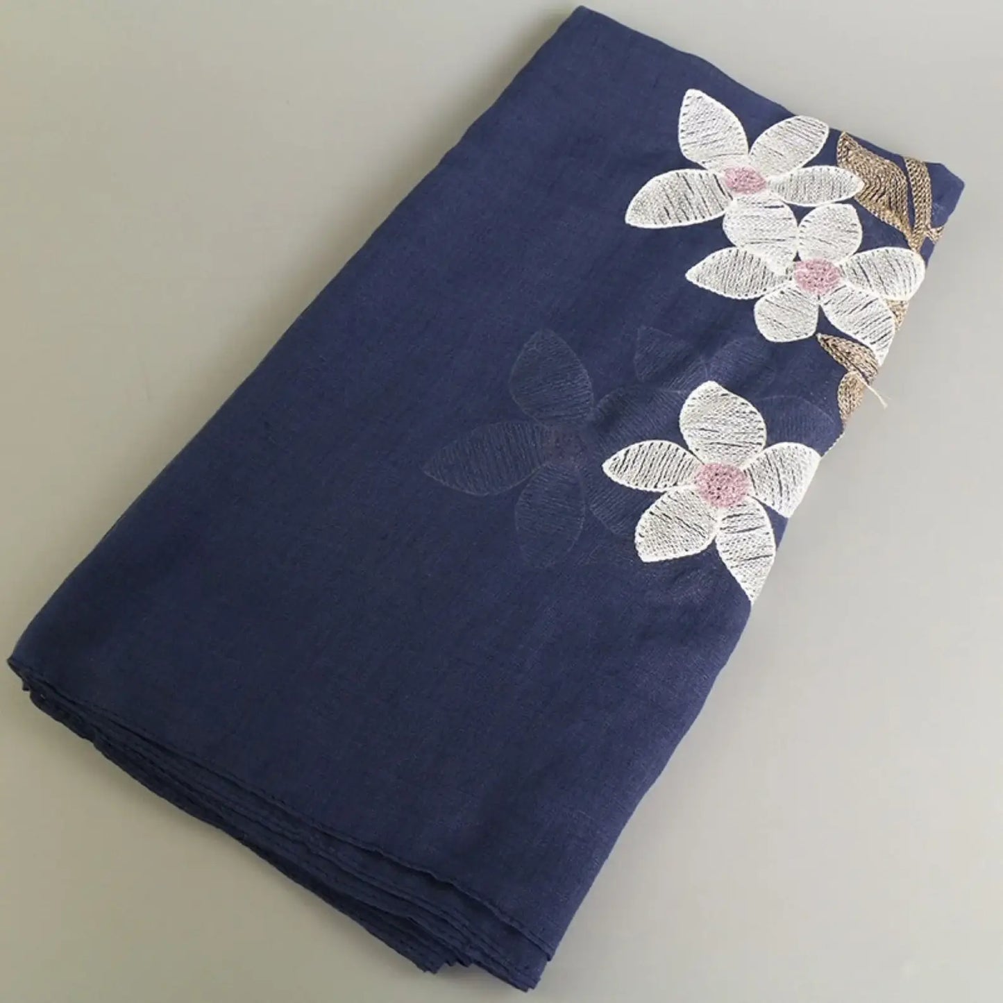 Navy Lily Embroidered Cotton Scarf