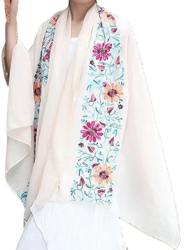 White Daisy Embroidered Cotton Scarf