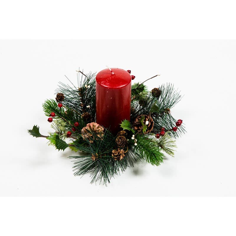 Holly, Red Berry, Pine Cone And Pine Candle Ring, 2.5 In Rim