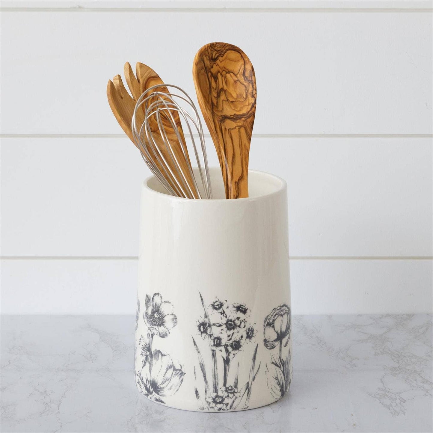 Black and White Botanical Utensil Crock