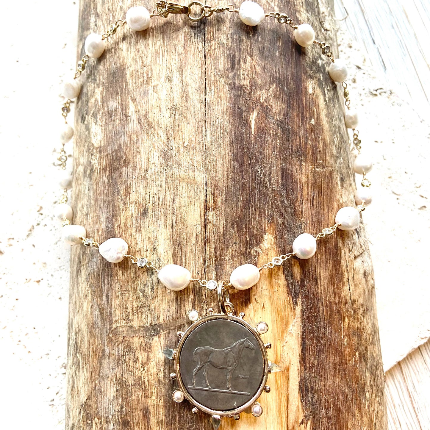 Horse Jewelry French Coin Medallion Equestrian Necklace: 20” / Reversible “le monde” pendant