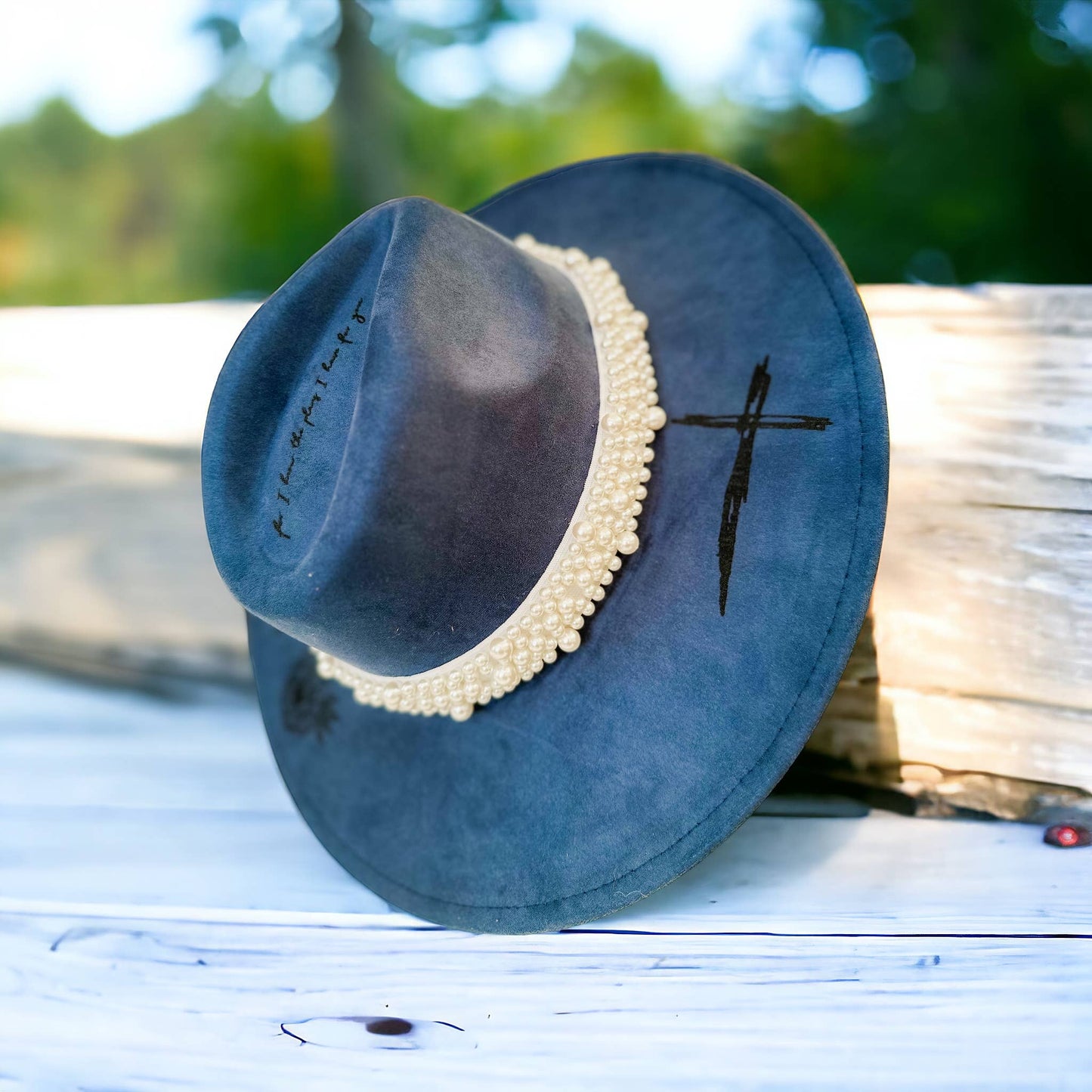 Western Hat Burned Hat For I know The Plans Florals Cross: Navy / Vegan Suede Rancher