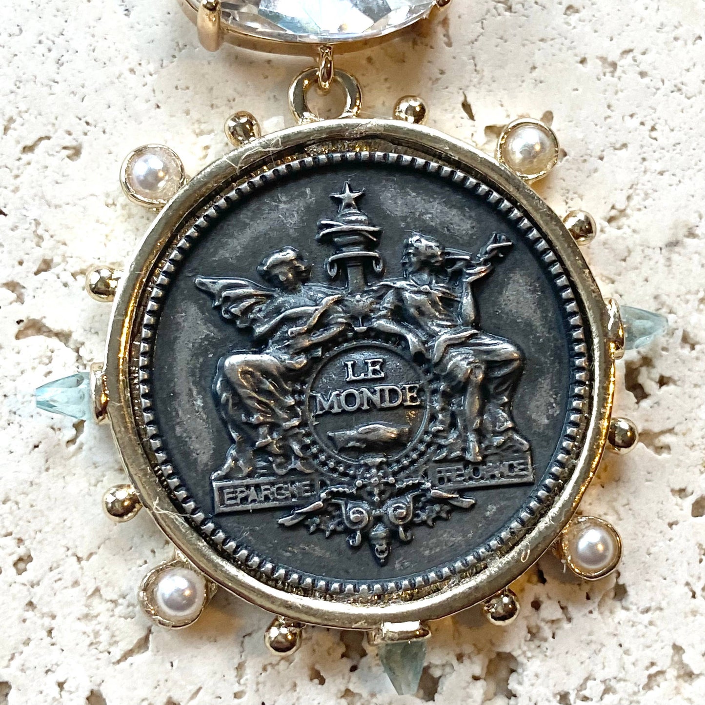 Horse Jewelry French Coin Medallion Equestrian Necklace: 20” / Reversible “le monde” pendant