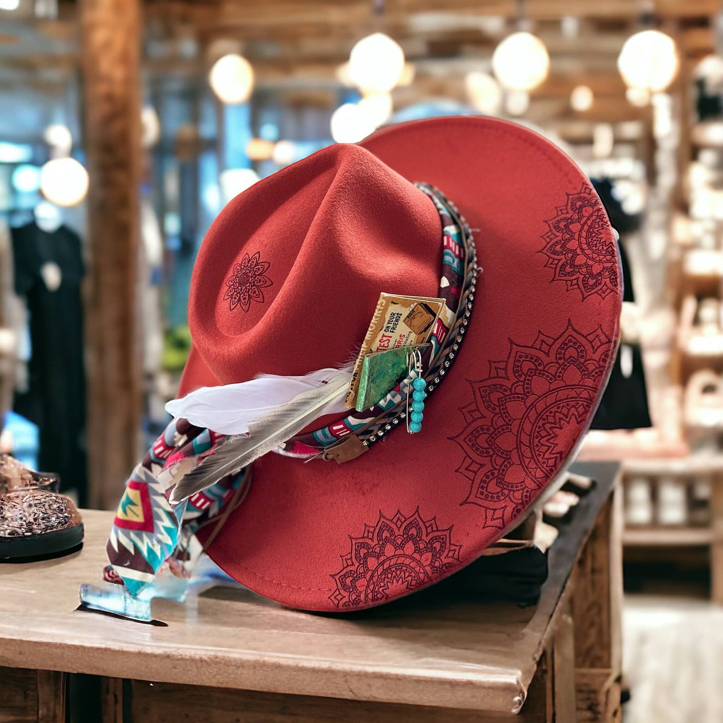 Mandala Burned Hat Western Rancher Hat: Hibiscus Red / Cotton Poly Rancher