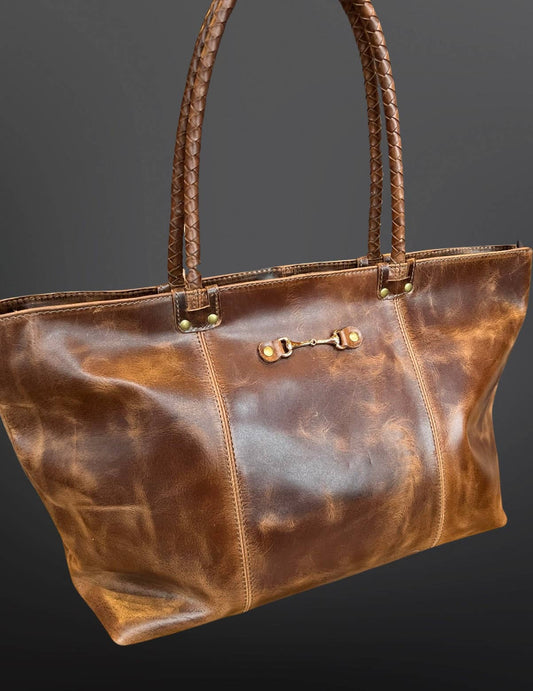 Equestrian Snaffle Bit Oakbark Oily Leather Tote Bag Purse