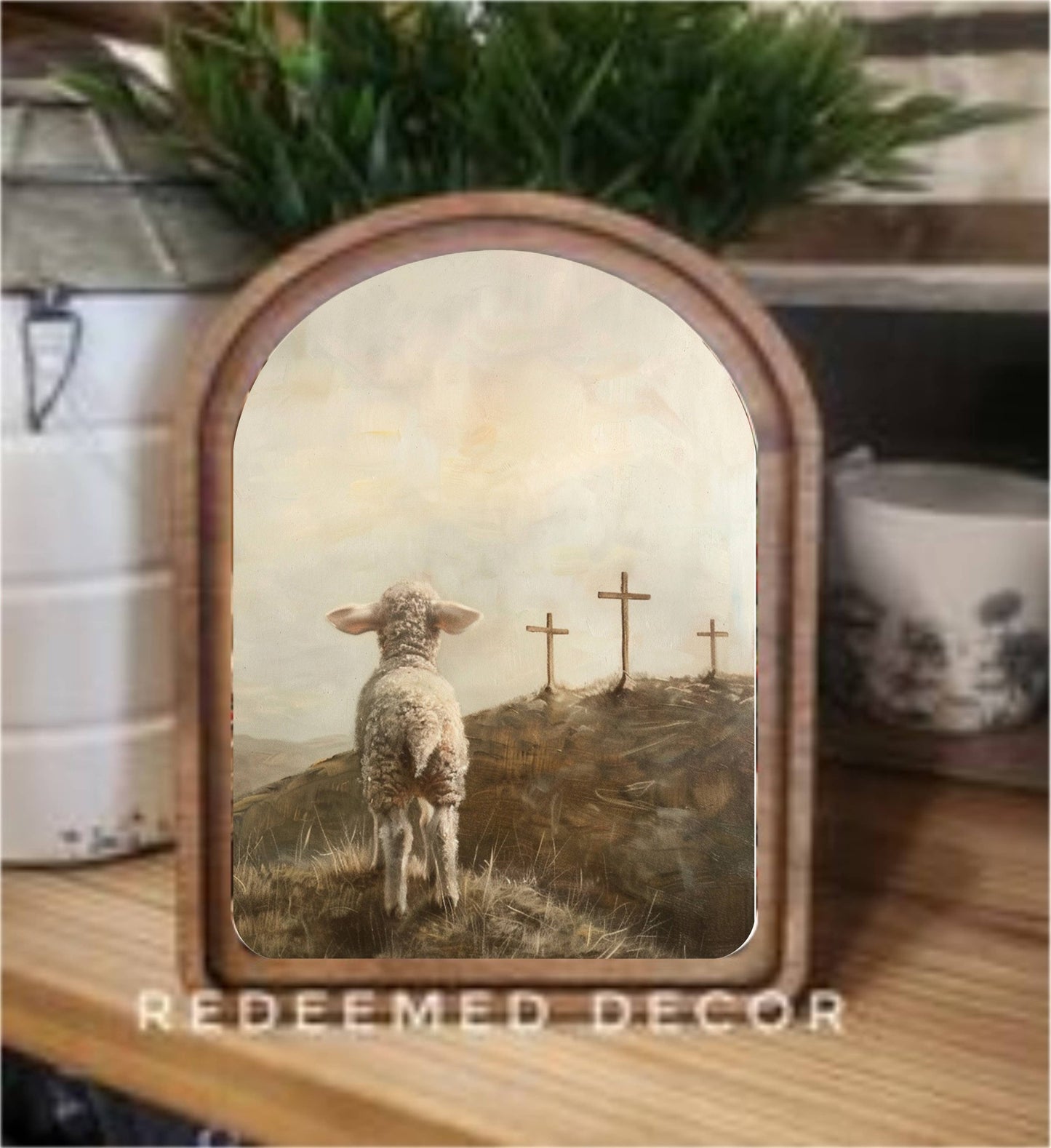 Arch Top 3 Crosses Lamb Framed Art : 6x8"