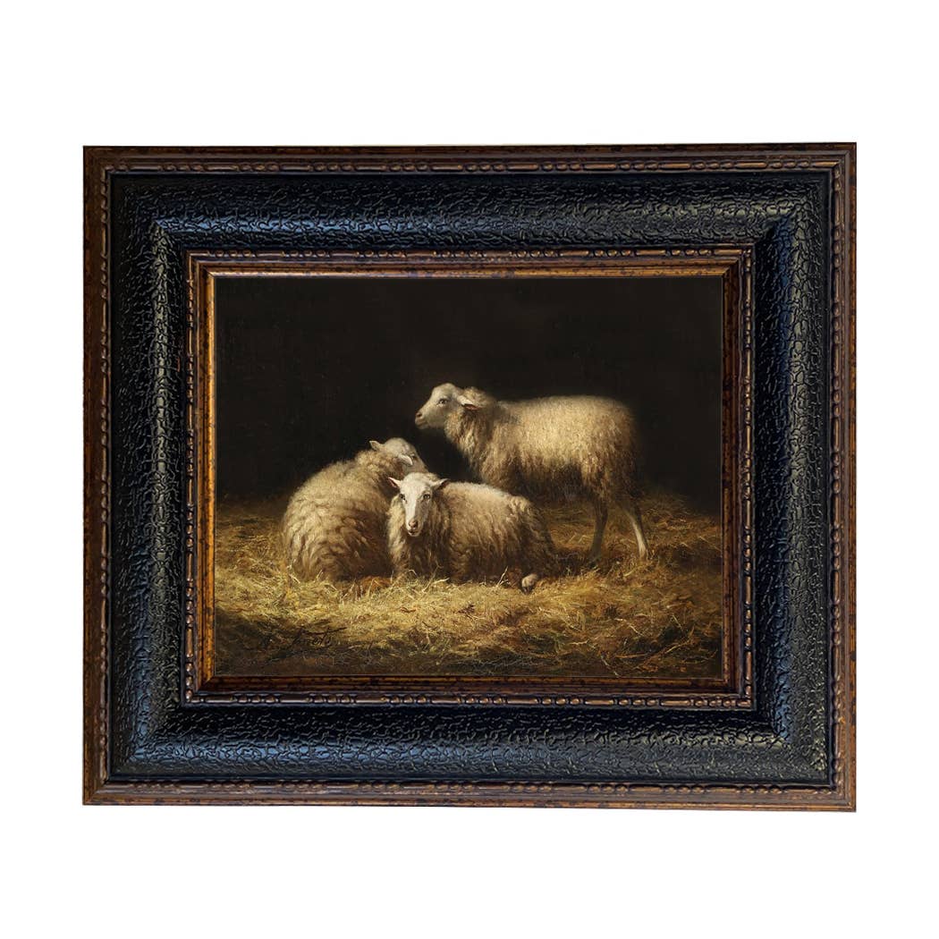 Sheep in the Hay Framed Painting Print on Canvas: Black Distressed / 5" x 6"