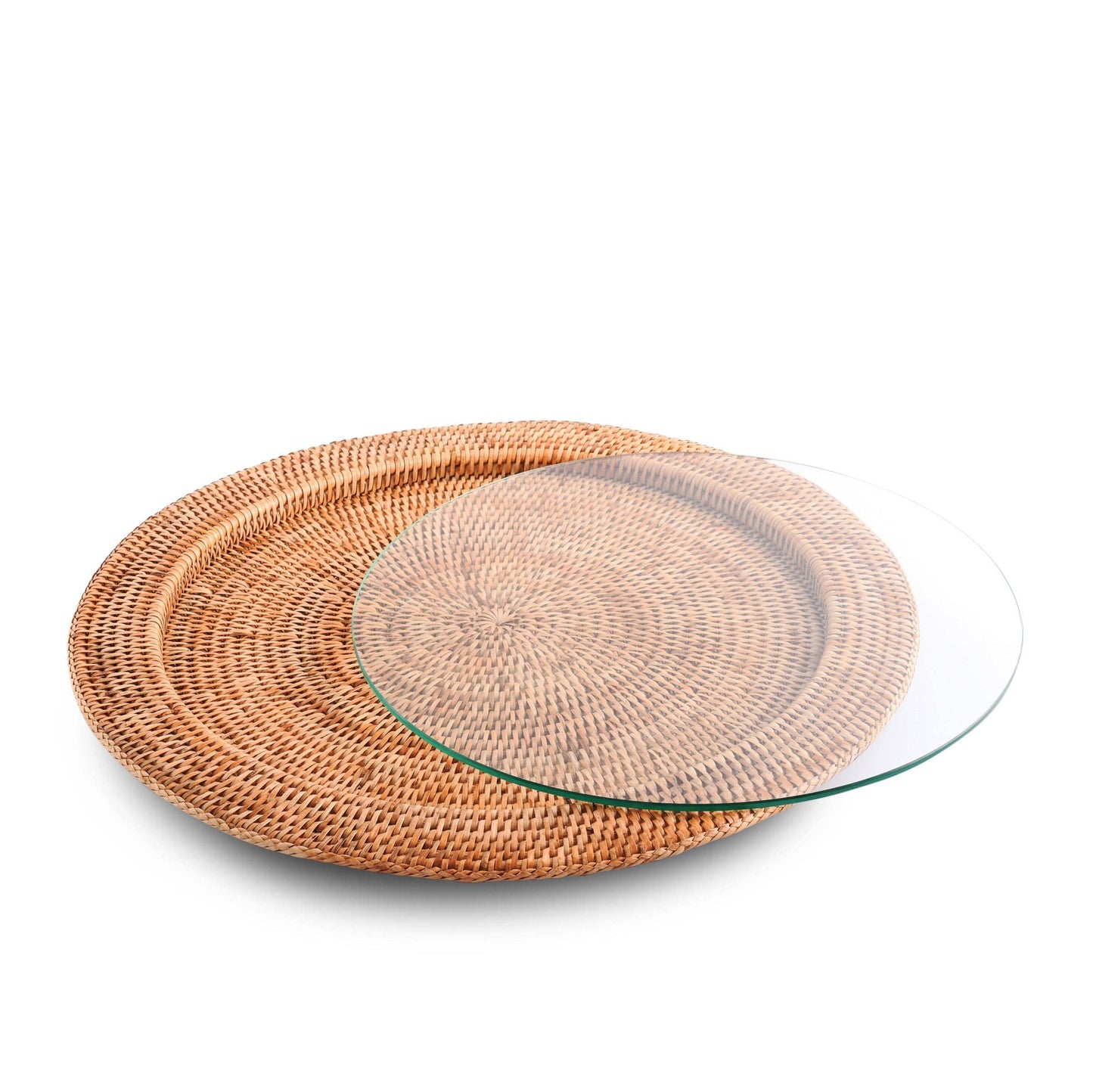 Round Serving Tray Hand Woven Wicker Rattan - Glass Insert