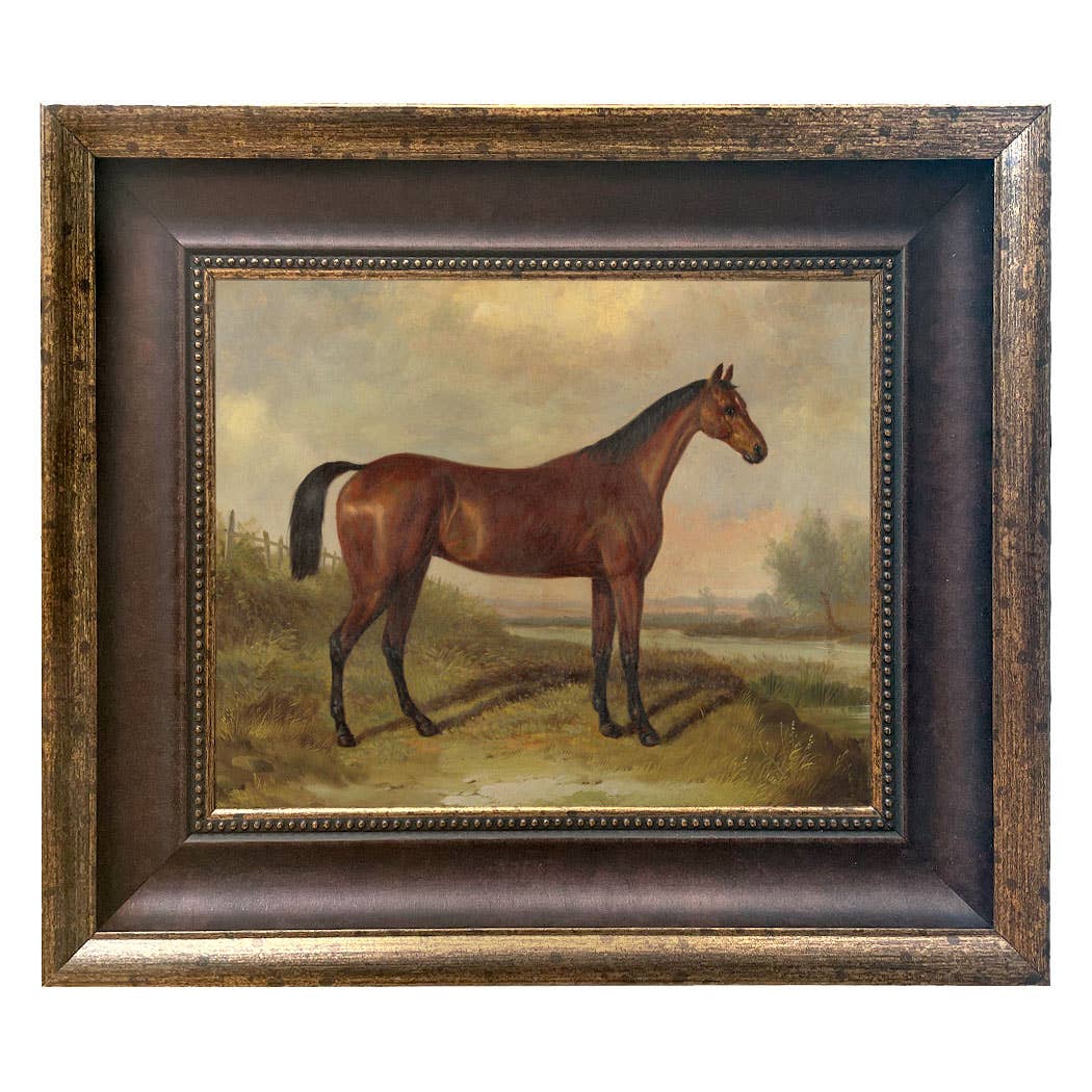 Hunter in a Landscape Painting Print on Canvas Wall Art: Leather-look Black/Antiqued Gold / 8" x 10"