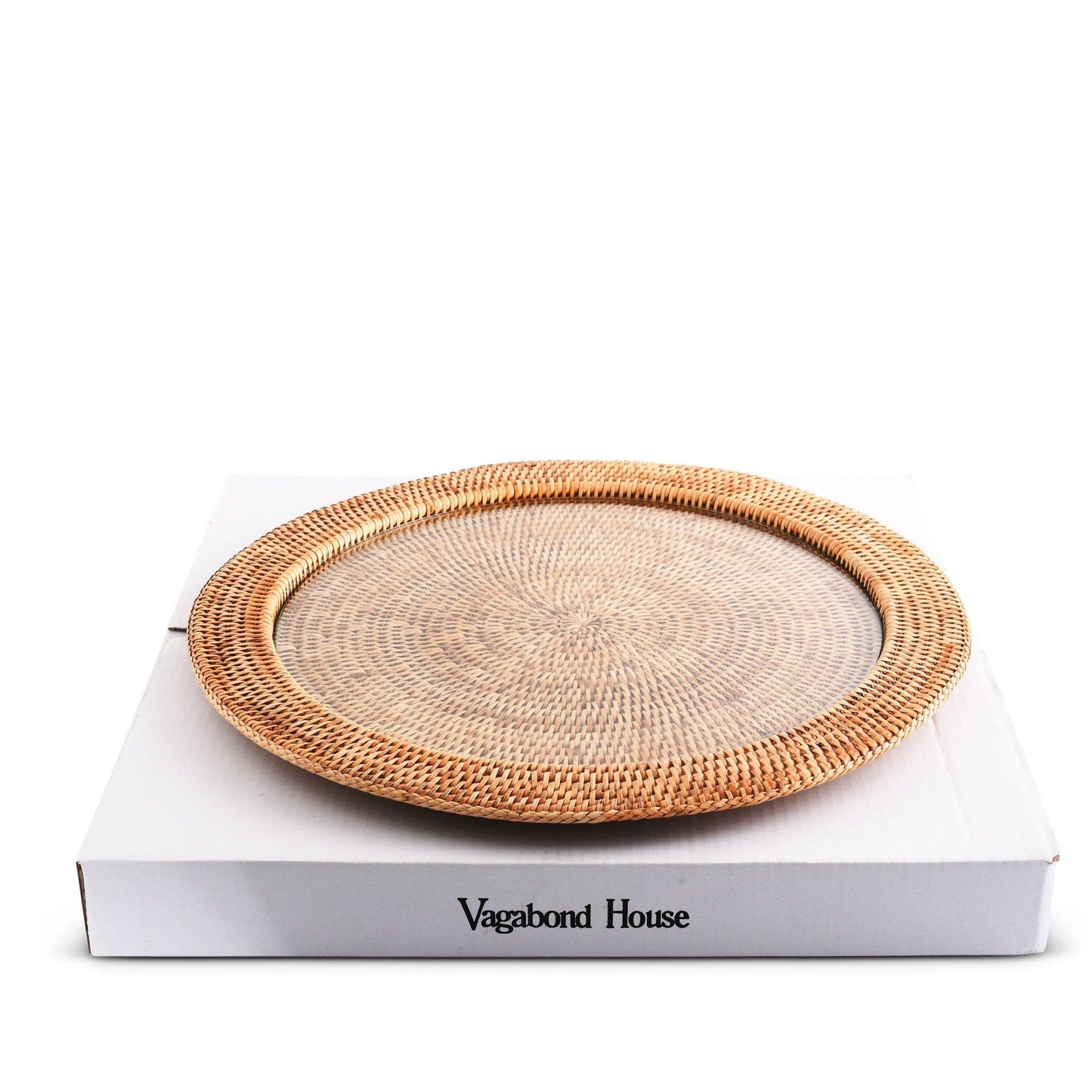 Round Serving Tray Hand Woven Wicker Rattan - Glass Insert