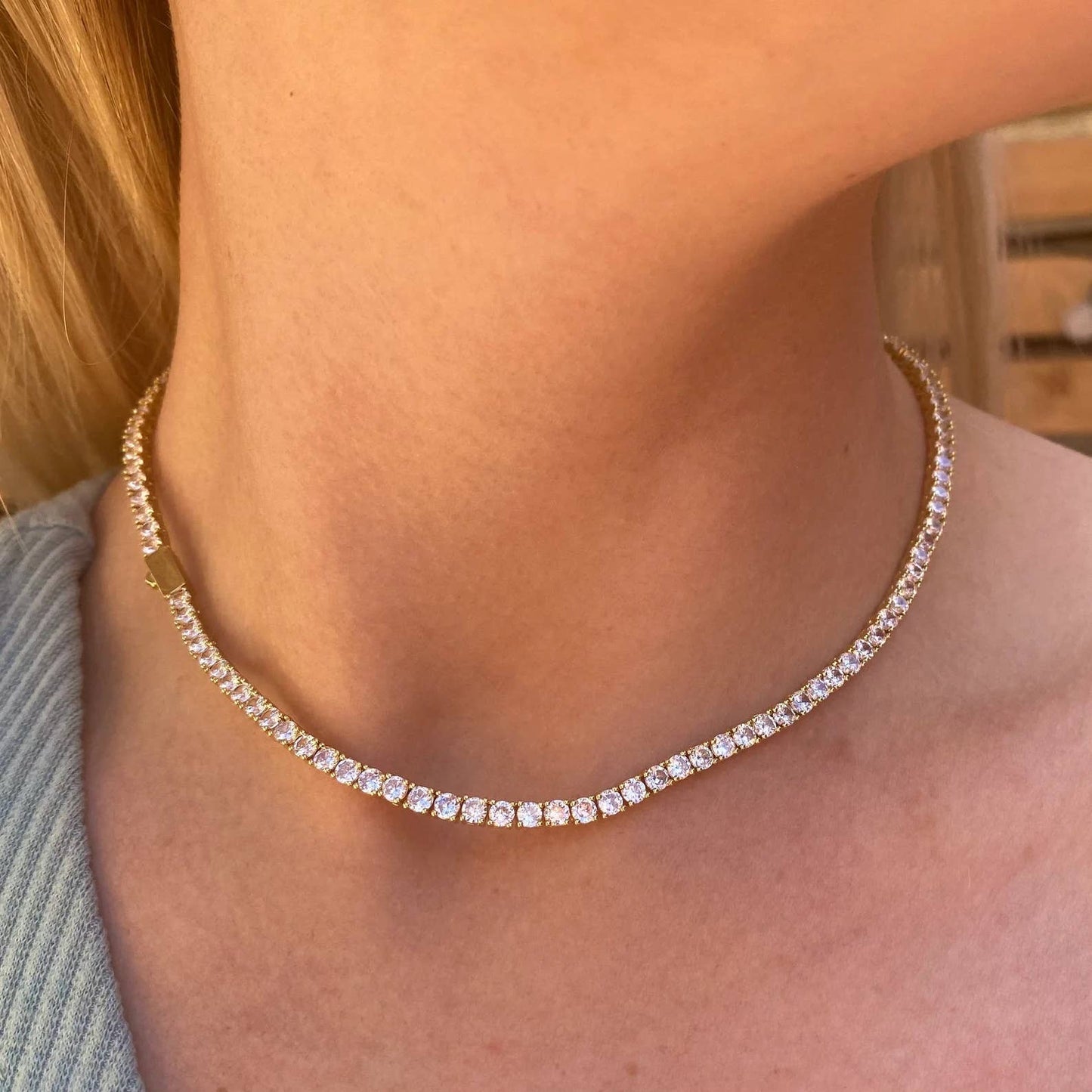 Tennis Necklace. Premium PV plated stainless CZ. : Yellow Gold / 4mm