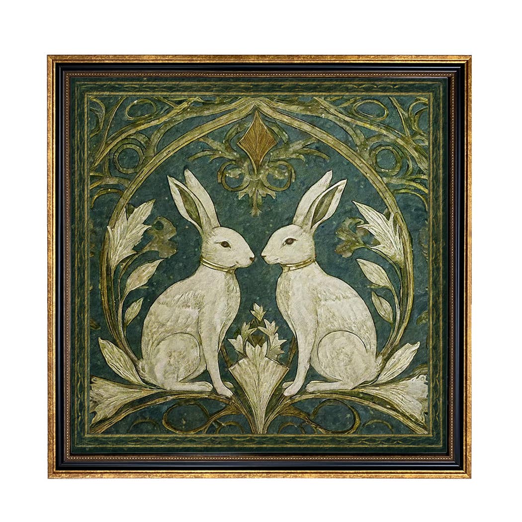 Two Rabbits Art Nouveau Vintage Style Print Behind Glass: Small