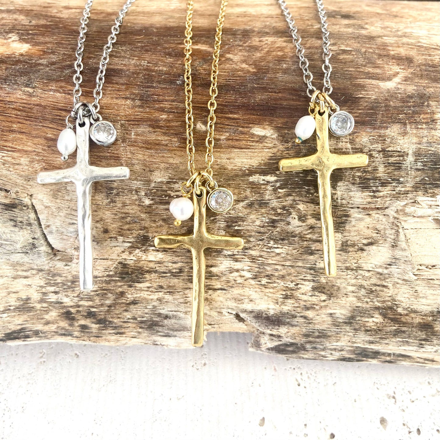 Cross necklace religious jewelry rustic pearl non tarnishing: Gold