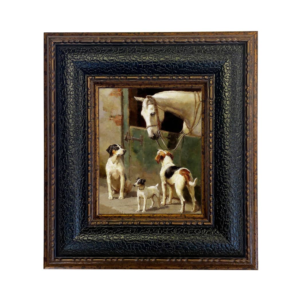 Dog and Horse at Stable Framed Painting Print on Canvas: Leather-look Black/Antiqued Gold / 5" x 6"