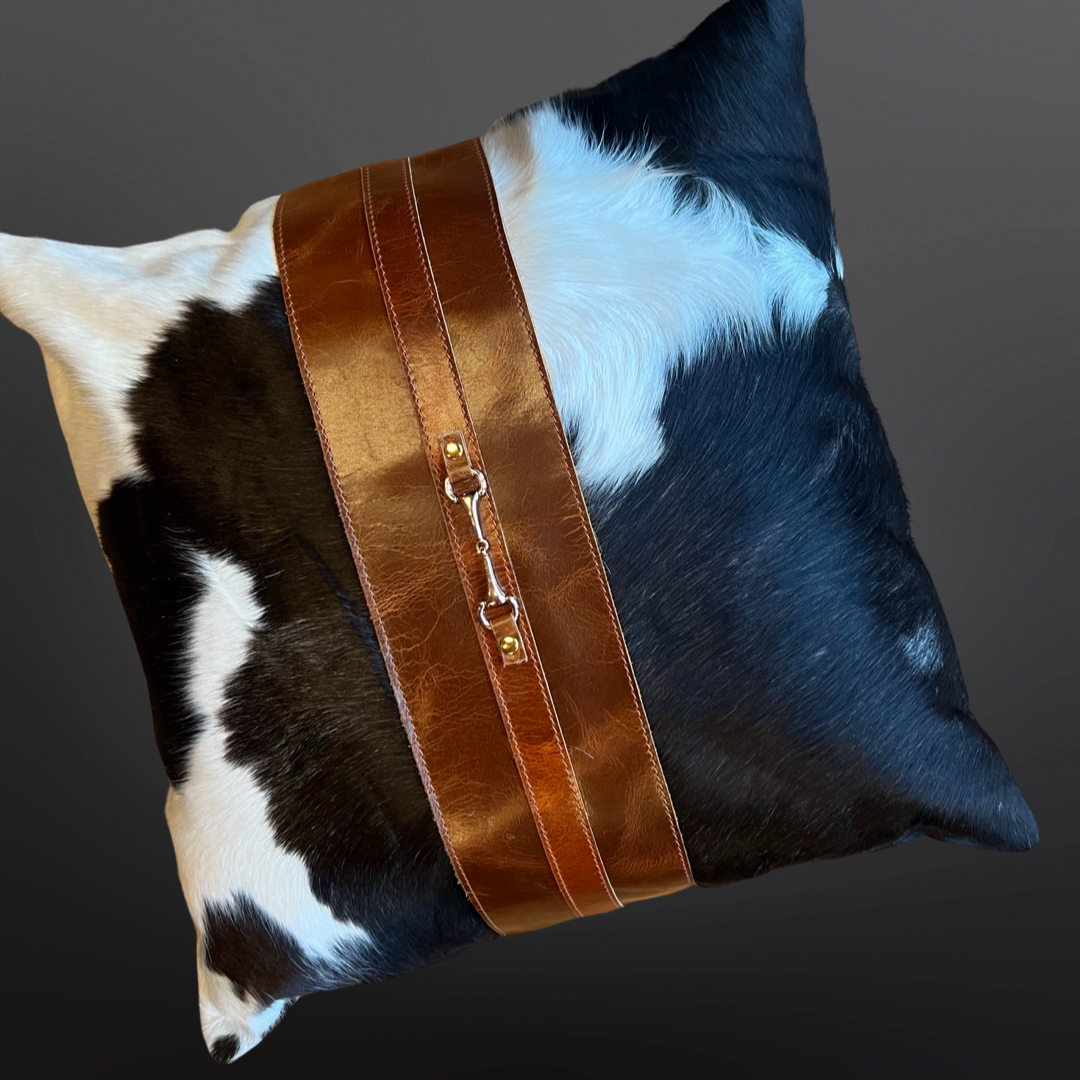 Equestrian Snaffle Bit Cowhide Leather Pillow Cover 18”: White Cowhide