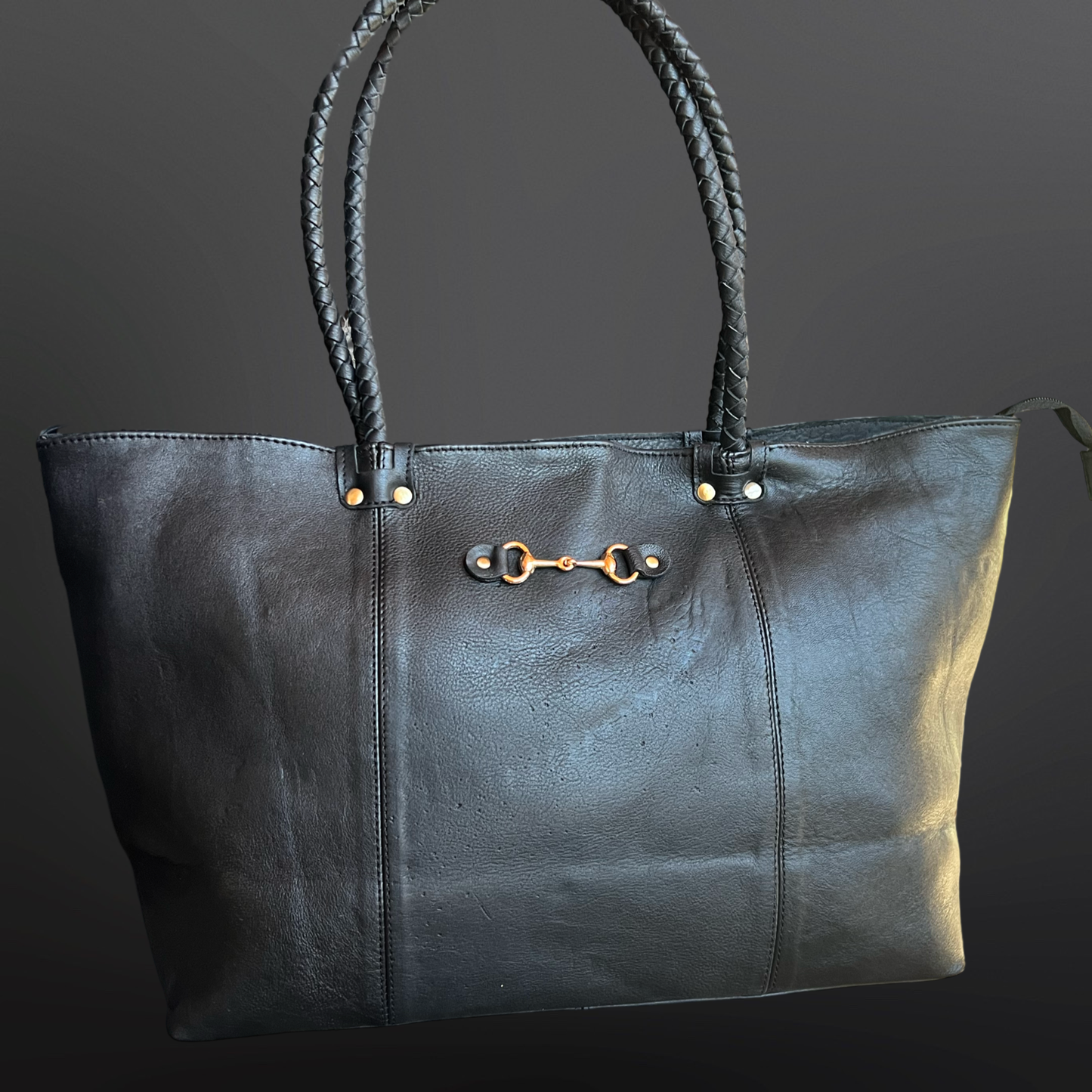 Equestrian Snaffle Bit Leather Tote Bag Purse Black