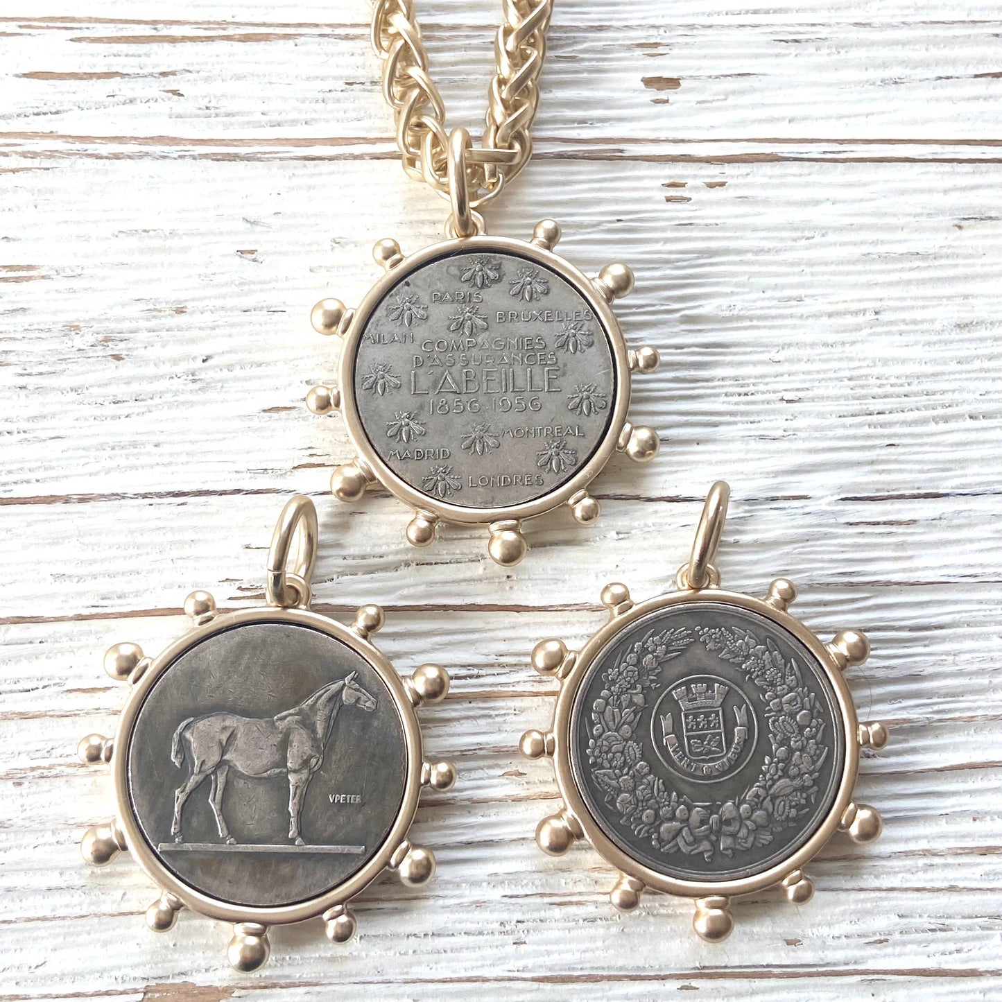 Matte Gold French Bee Coin Necklace