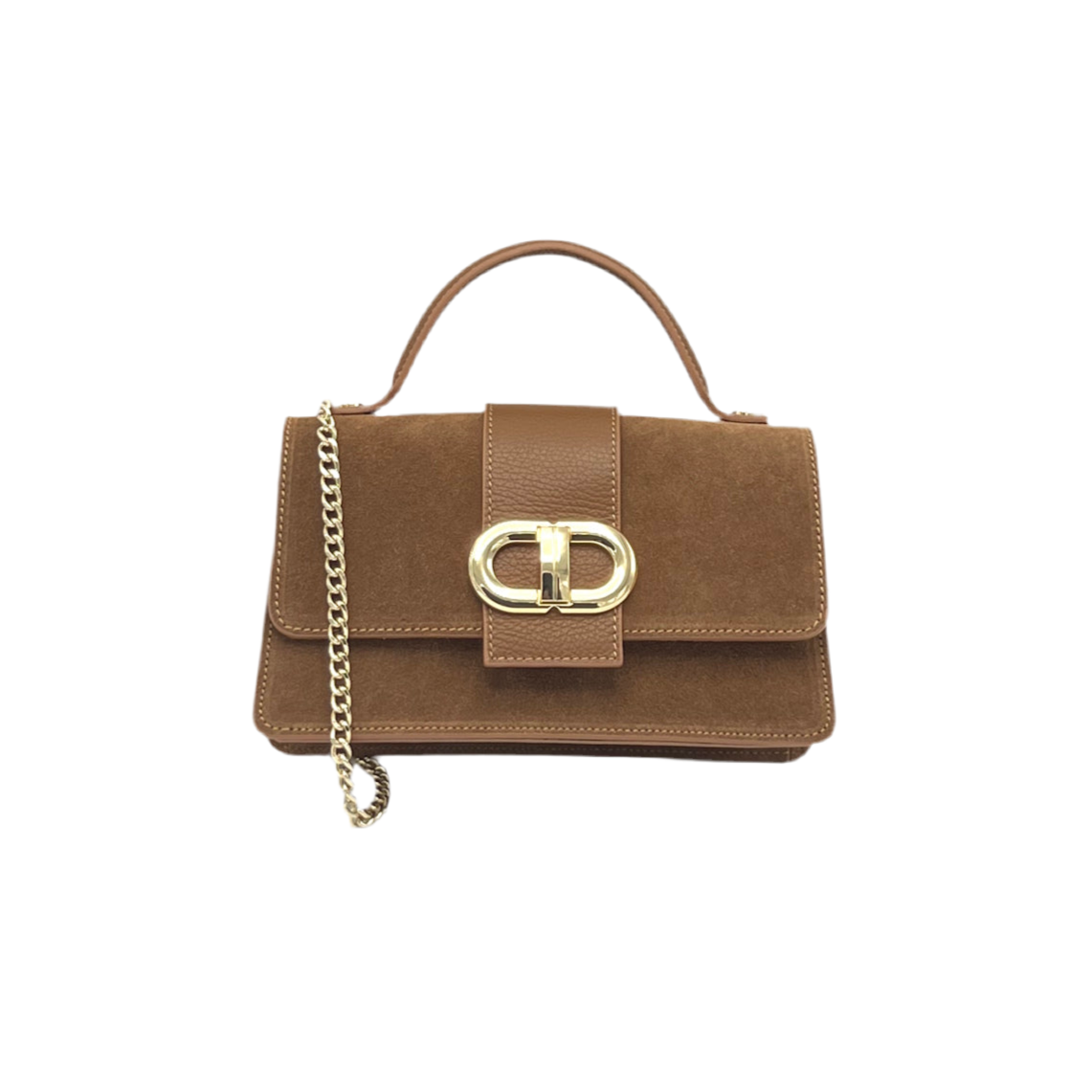 Suede leather clutch bag with chain, Made in Italy, art. 112633: Camel