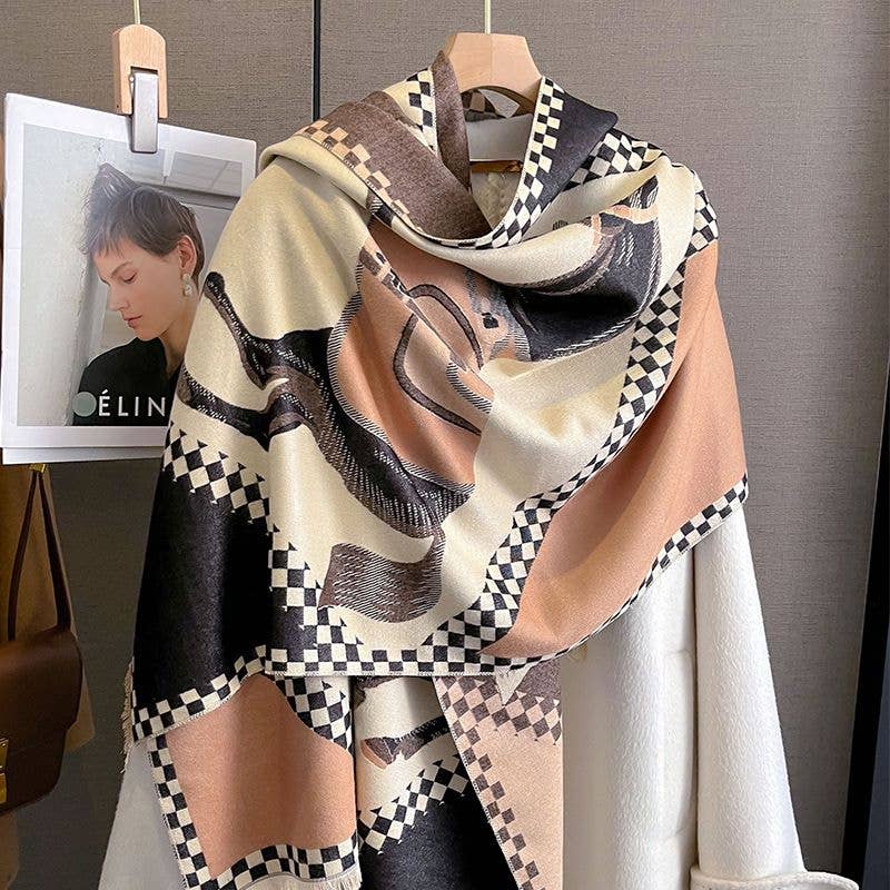 AWST Int'l Horses in Blankets Acrylic Cashmere Scarf: Black