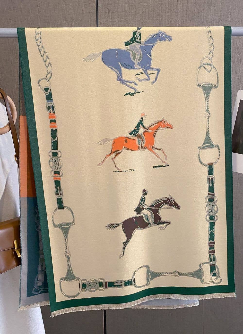 AWST Int'l Hunter Horses Acrylic Cashmere Scarf: Beige