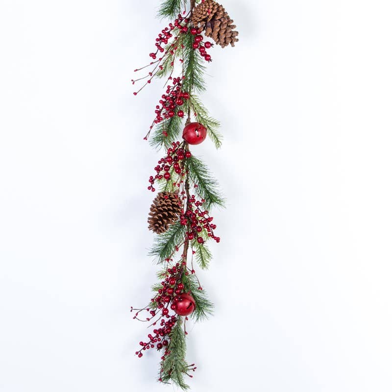 Large Pine Cone & Bell Garland with Berries – 57" Festive De