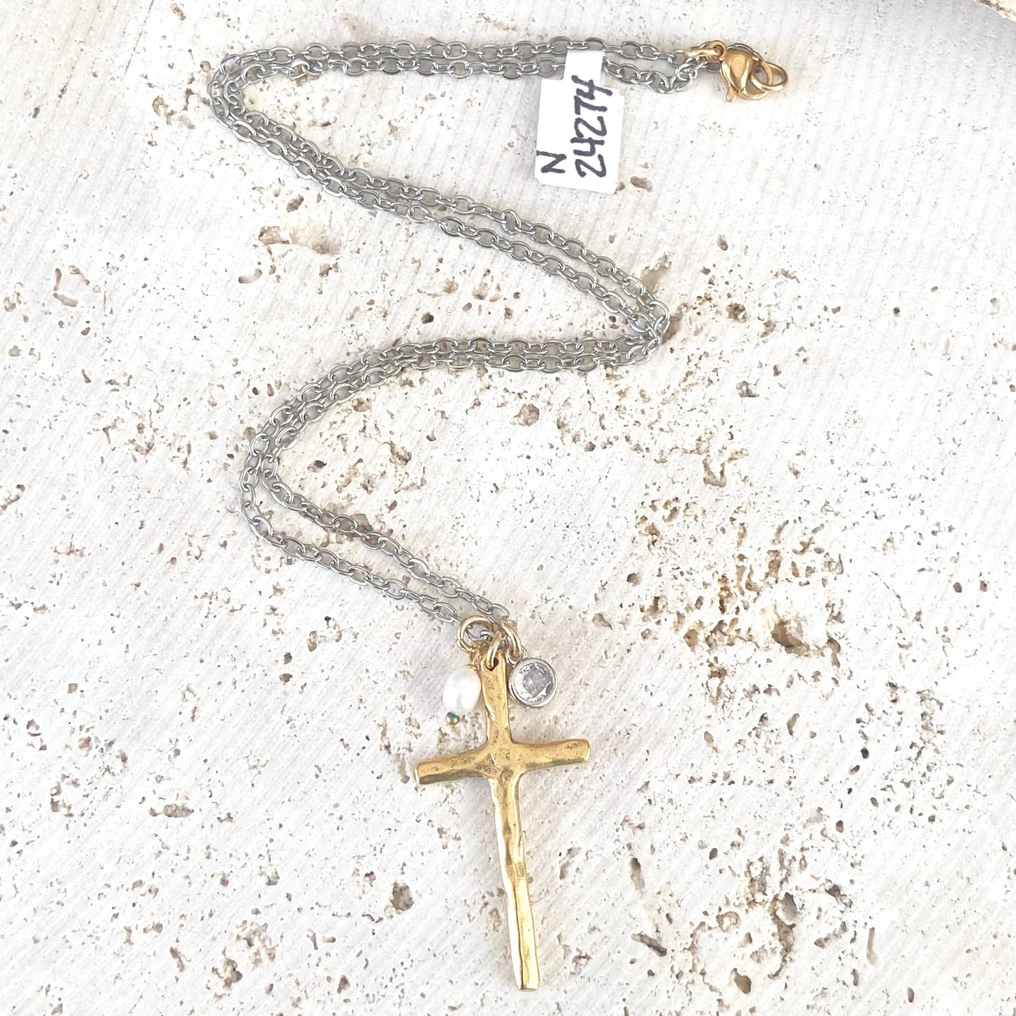 Cross necklace religious jewelry rustic pearl non tarnishing: Gold