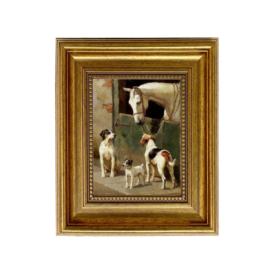Dog and Horse at Stable Framed Painting Print on Canvas: Leather-look Black/Antiqued Gold / 5" x 6"