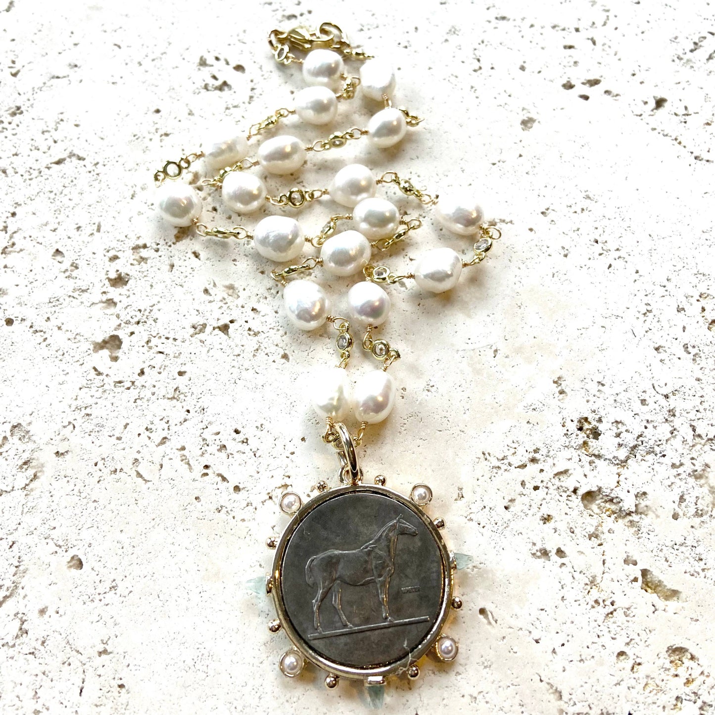 Horse Jewelry French Coin Medallion Equestrian Necklace: 20” / Reversible “le monde” pendant