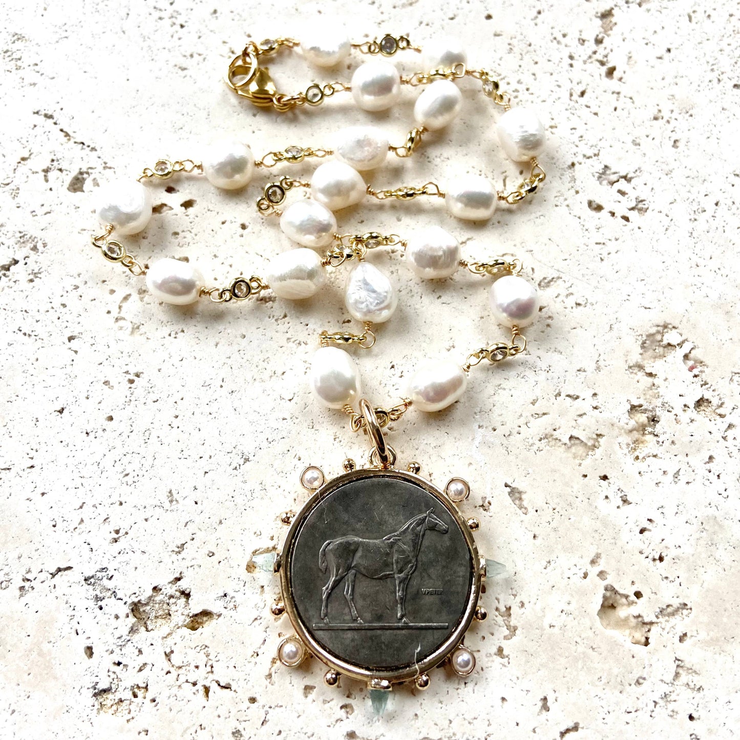 Horse Jewelry French Coin Medallion Equestrian Necklace: 20” / Reversible “le monde” pendant