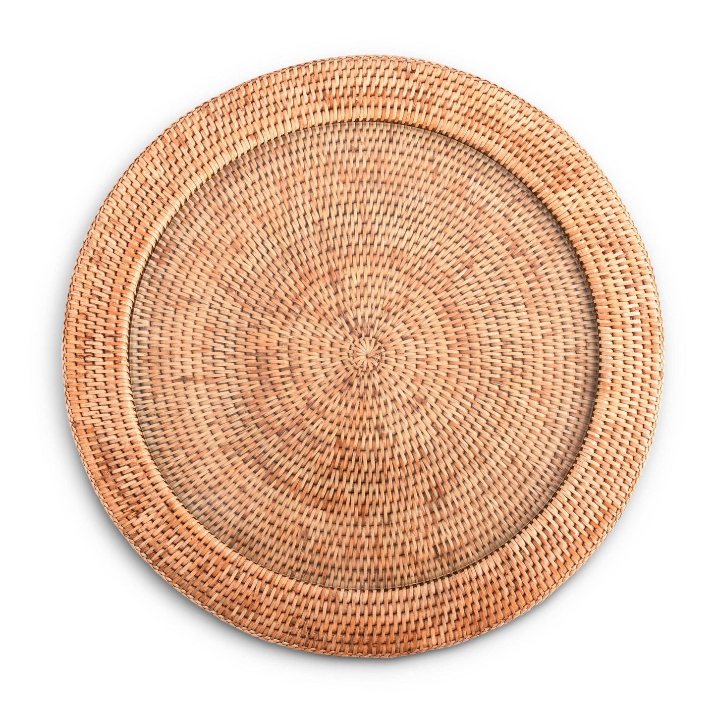 Round Serving Tray Hand Woven Wicker Rattan - Glass Insert