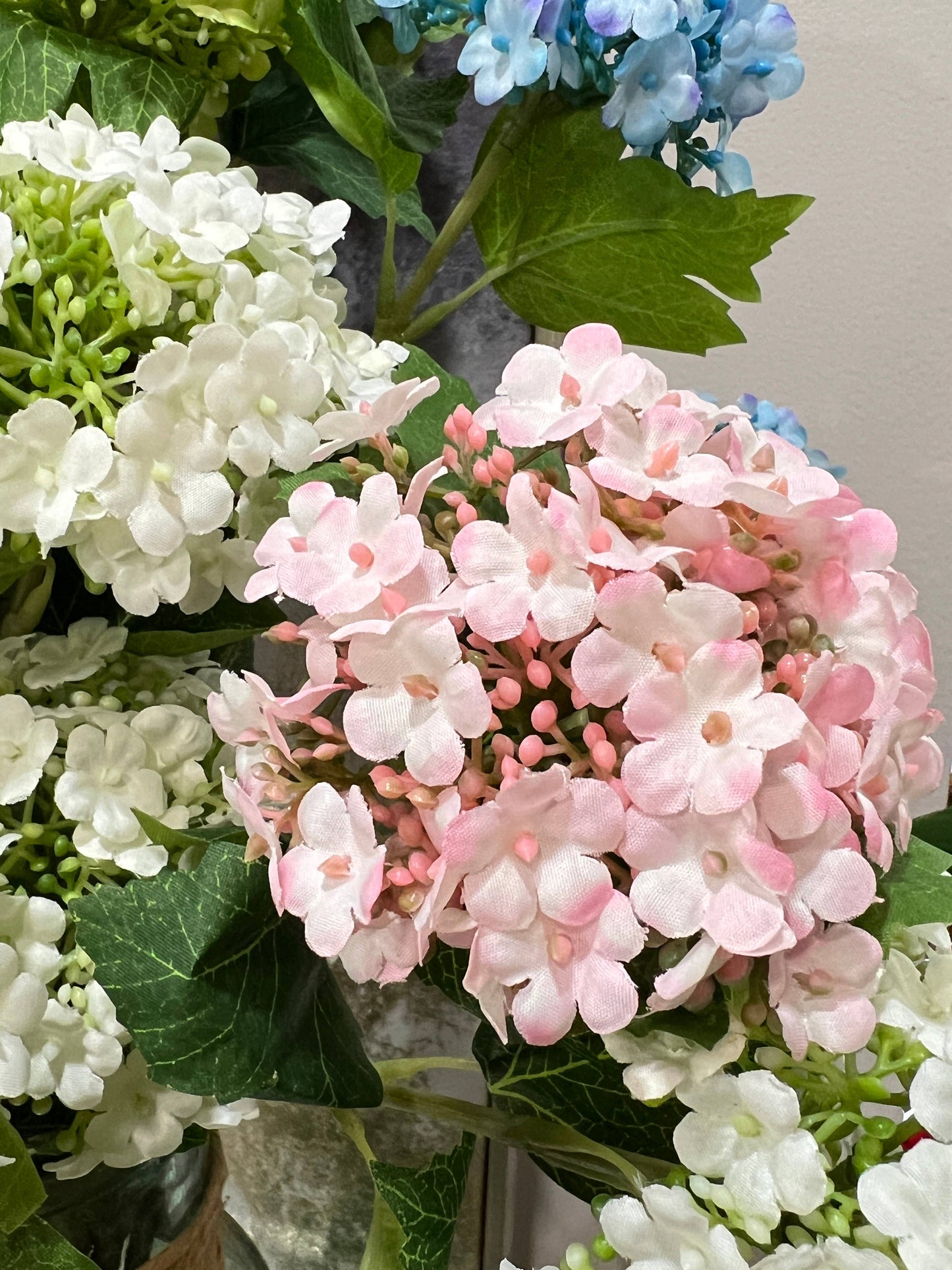 27"-3 Blooms-faux Snowball hydrangea spray: Pink