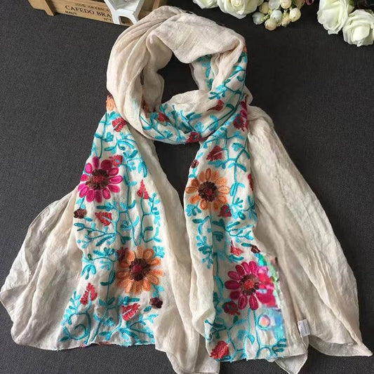 White Daisy Embroidered Cotton Scarf