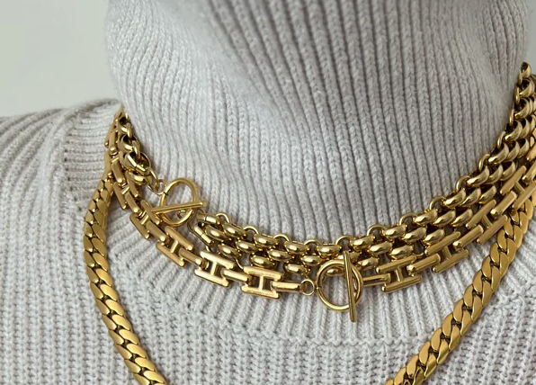 Estate Panther Chain Link Stainless Steel Necklace 14K Gold