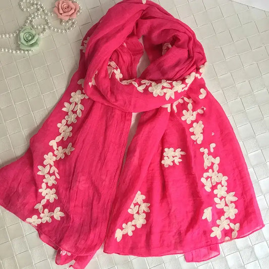 Embroidered Scarf Pink Petunia Cotton Scarf