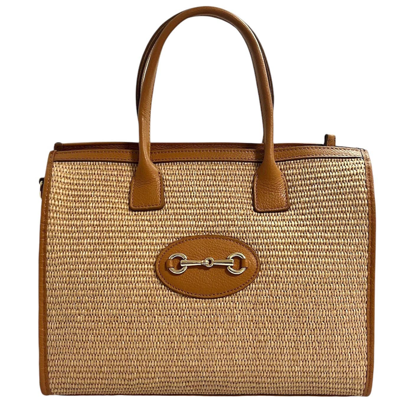 Modarno Shopper Shoulder Bag genuine leather and raffia 27x12x22: Leather