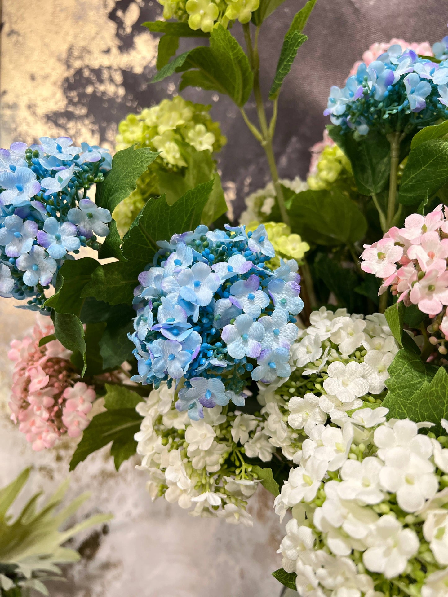 27"-3 Blooms-faux Snowball hydrangea spray: Pale green