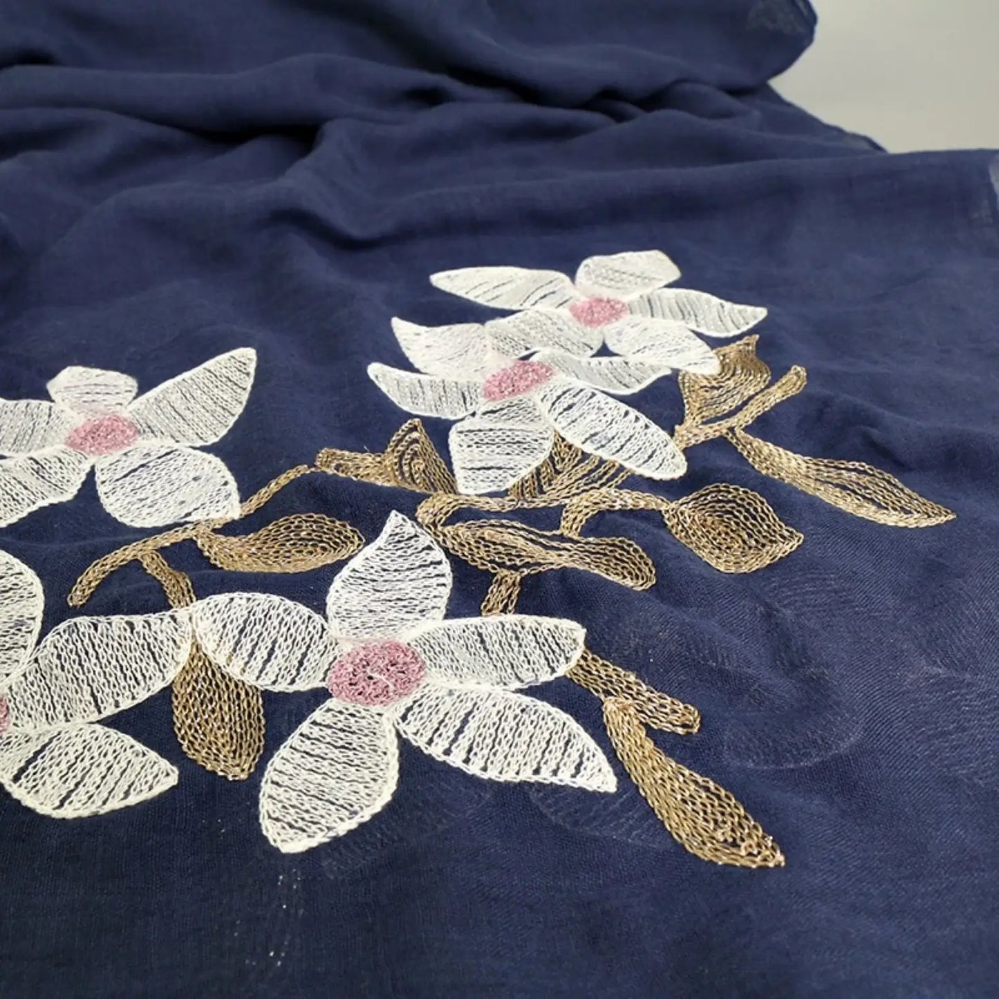 Navy Lily Embroidered Cotton Scarf
