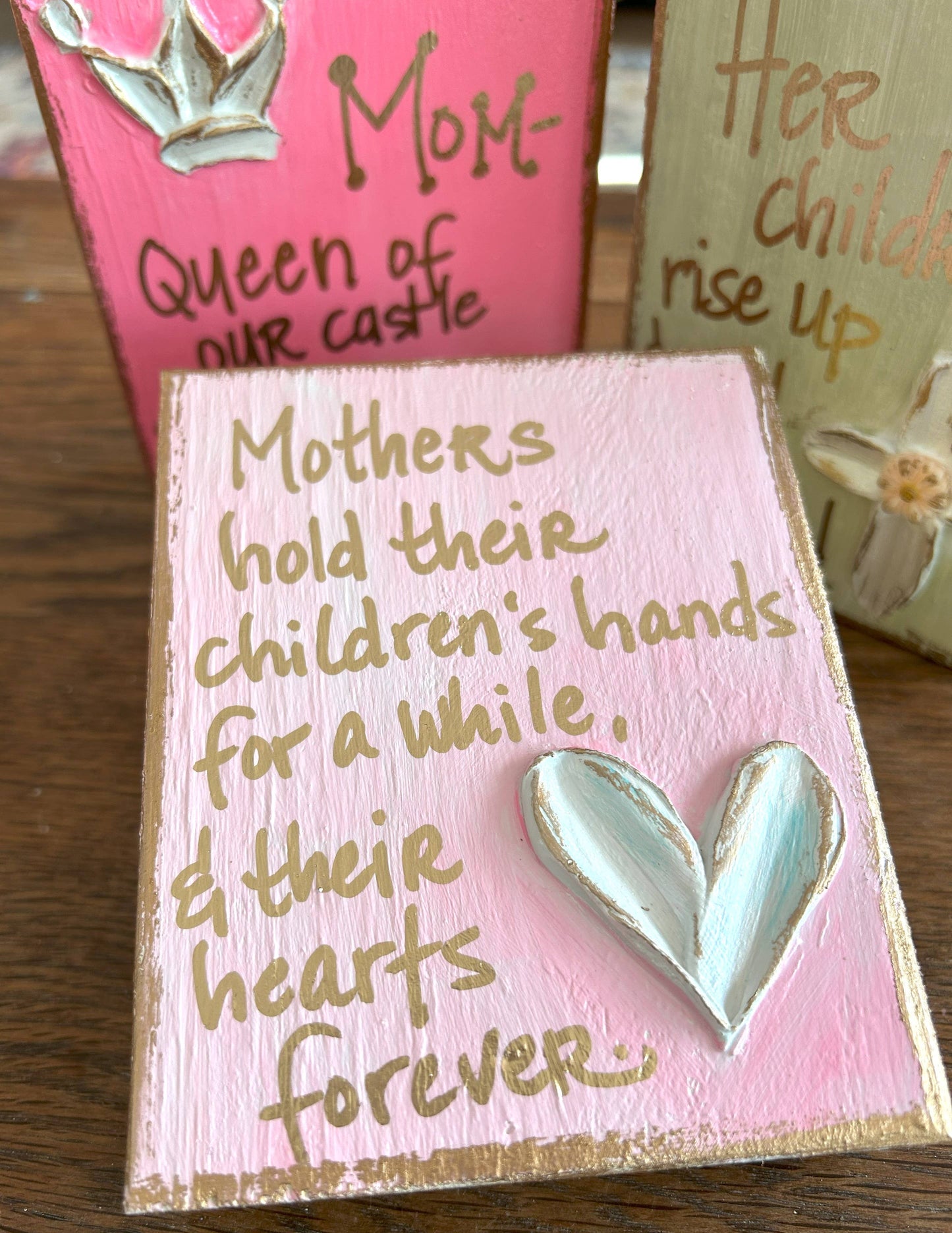 Mother's day gift block | cross crown heart love: Heart "Mothers hold..."