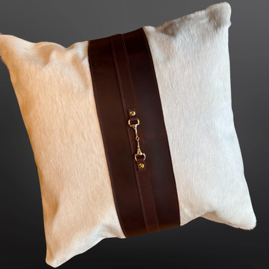 Equestrian Snaffle Bit Cowhide Leather Pillow Cover 18”: White Cowhide
