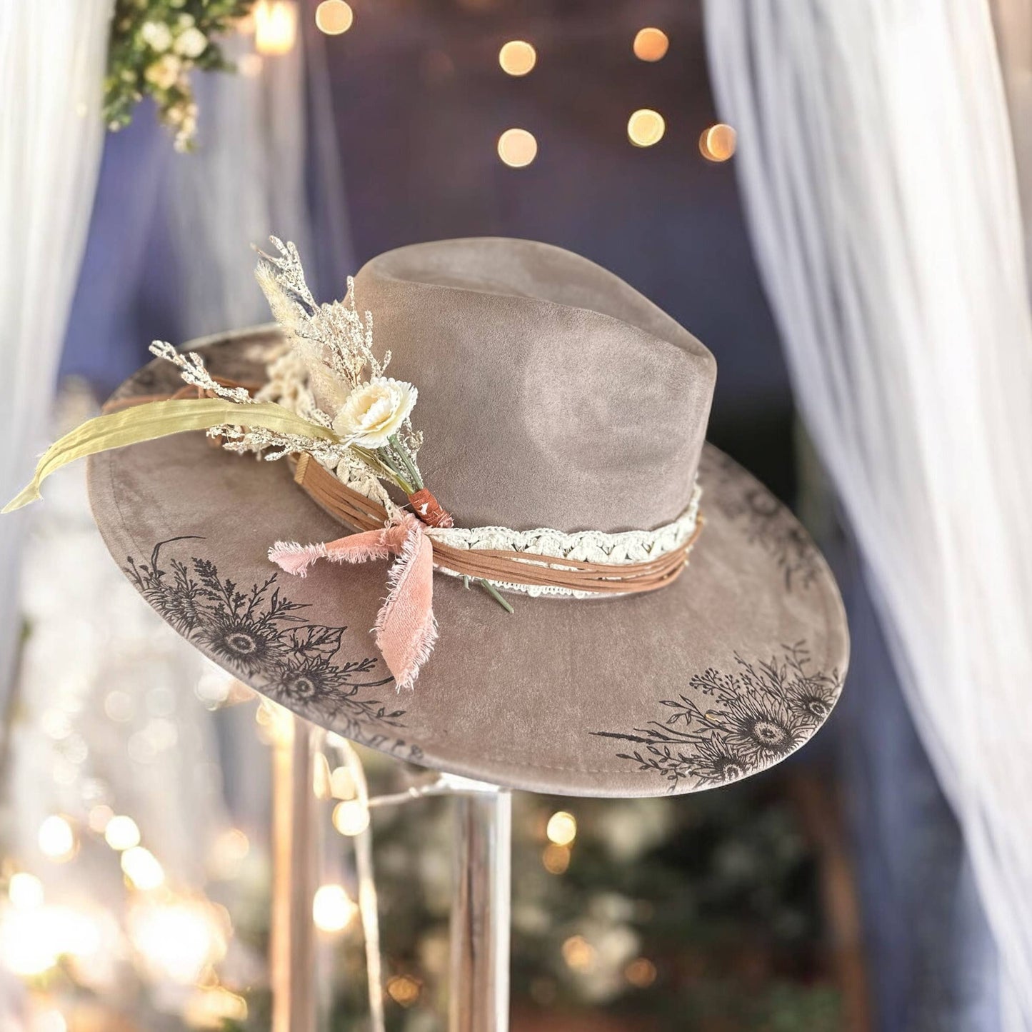 Suede Rancher Hat, Cowboy Hat | Sunflower Floral Brim: Coco
