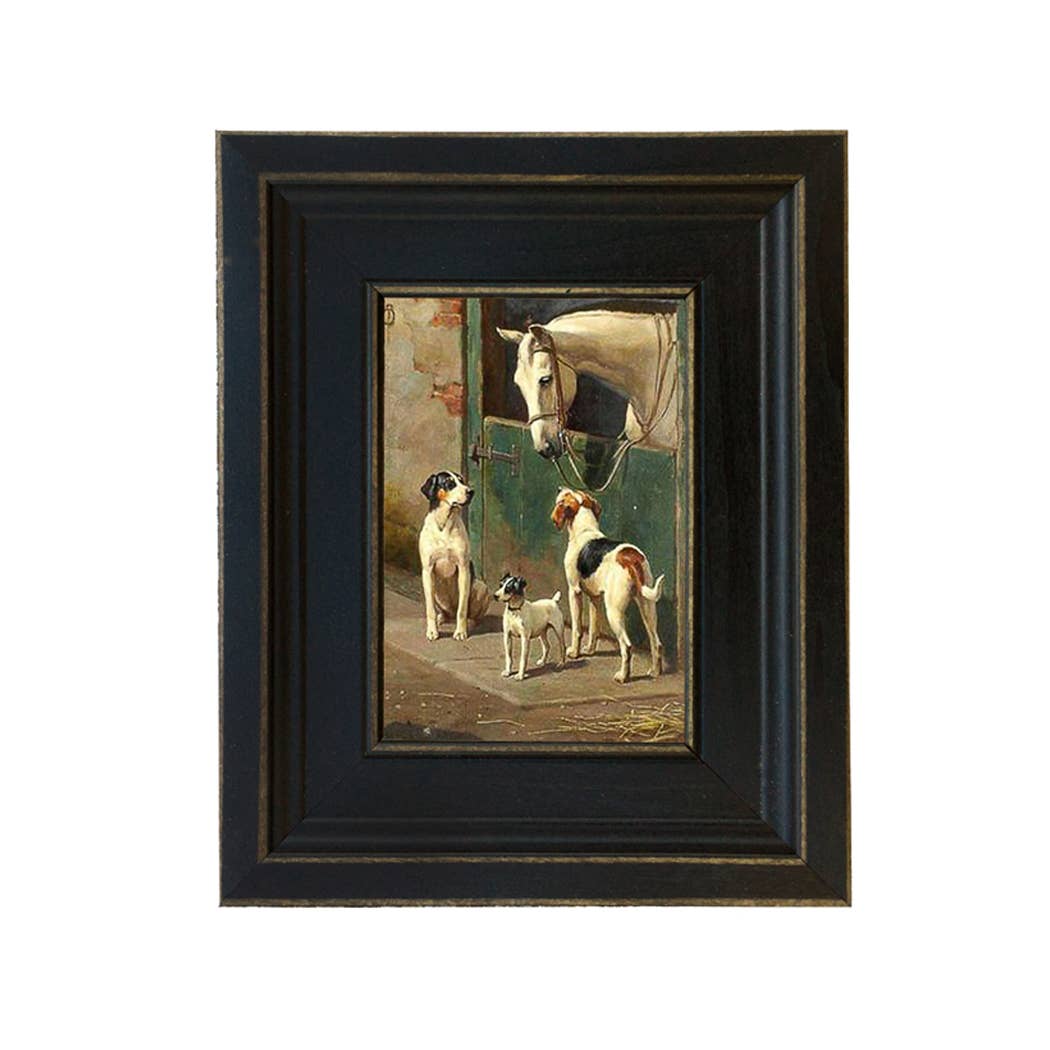 Dog and Horse at Stable Framed Painting Print on Canvas: Leather-look Black/Antiqued Gold / 5" x 6"