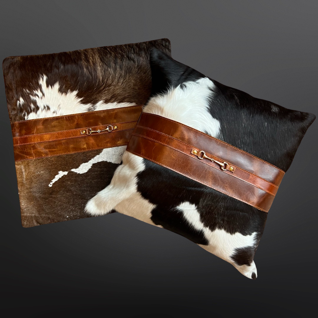 Equestrian Snaffle Bit Cowhide Leather Pillow Cover 18”: White Cowhide