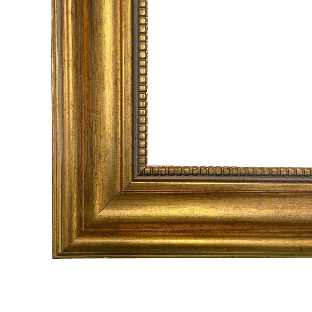 Dog and Horse at Stable Framed Painting Print on Canvas: Leather-look Black/Antiqued Gold / 5" x 6"