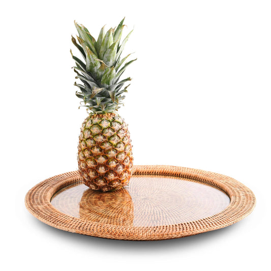 Round Serving Tray Hand Woven Wicker Rattan - Glass Insert
