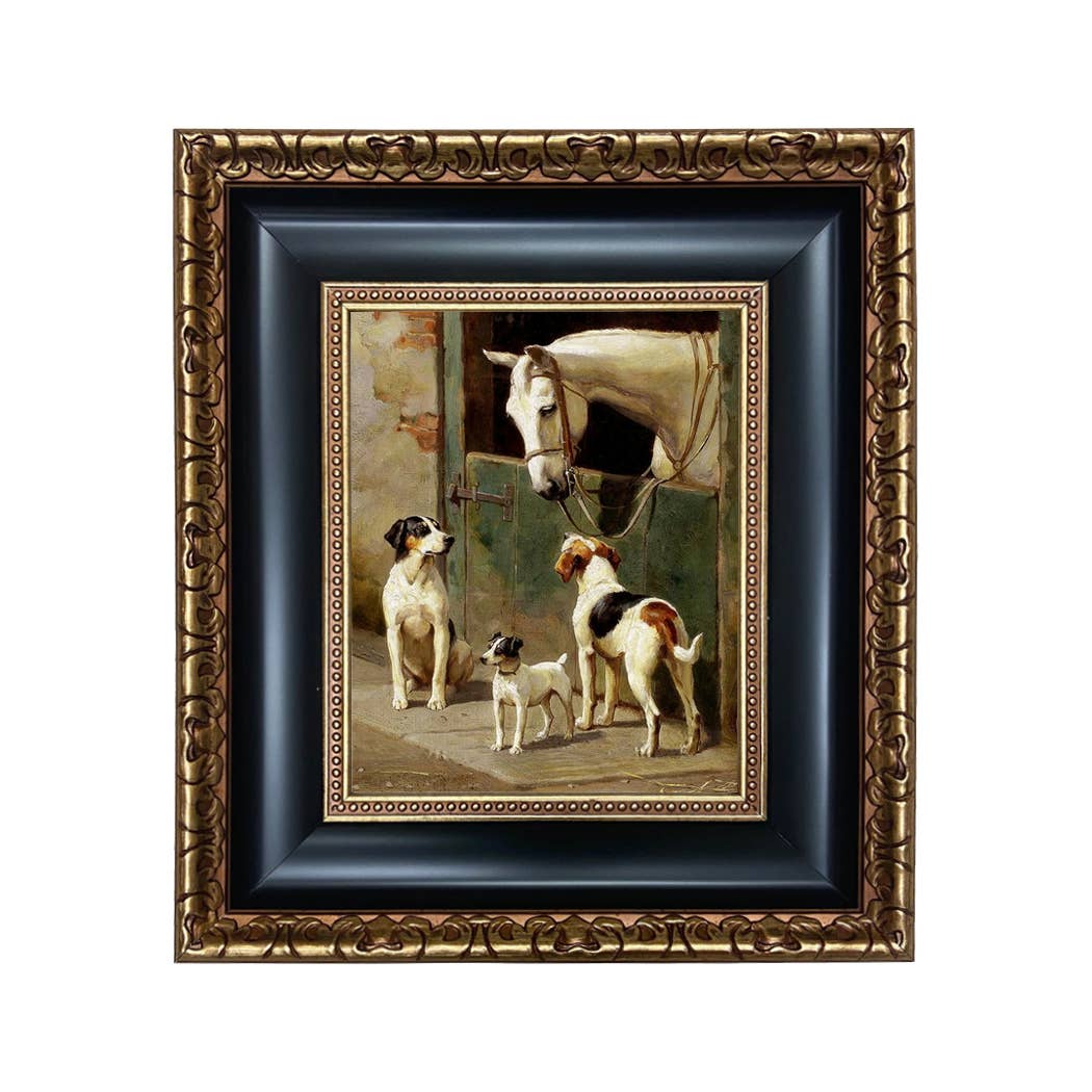 Dog and Horse at Stable Framed Painting Print on Canvas: Leather-look Black/Antiqued Gold / 5" x 6"