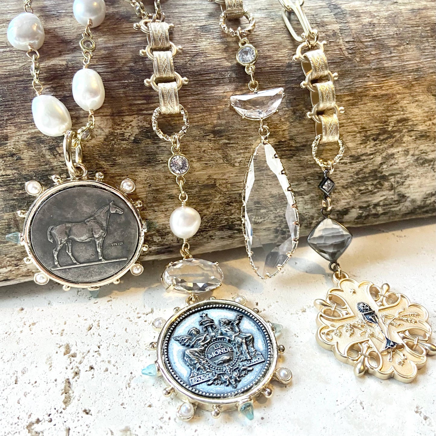 Horse Jewelry French Coin Medallion Equestrian Necklace: 20” / Reversible “le monde” pendant