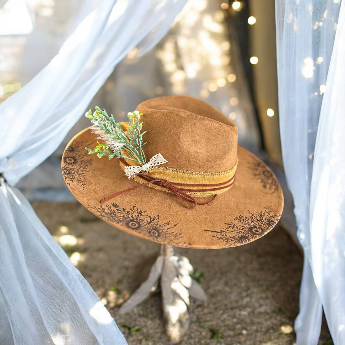 Suede Rancher Hat, Cowboy Hat | Sunflower Floral Brim: Grey